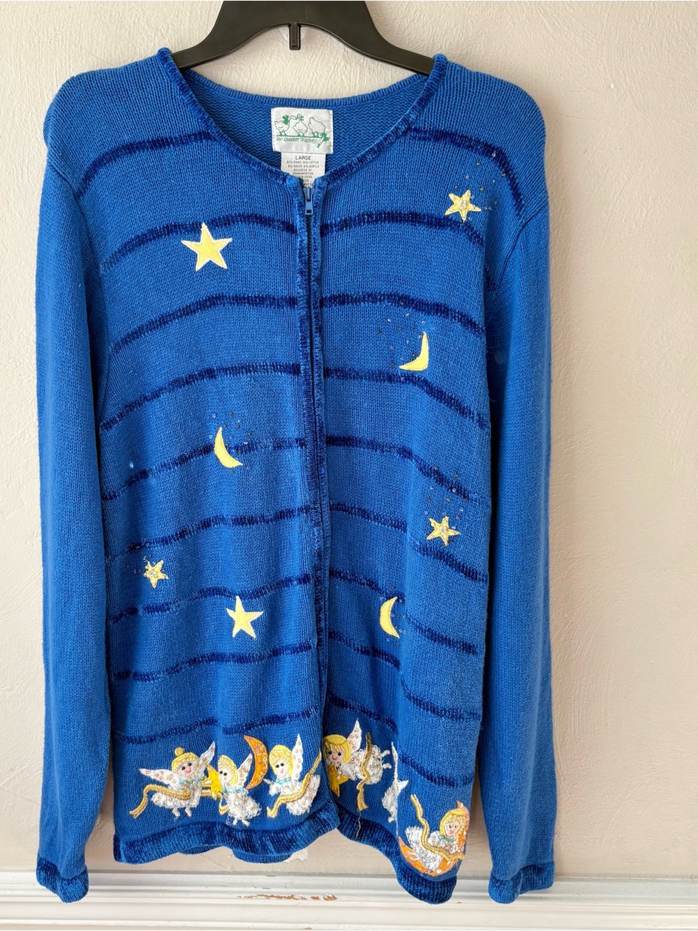Vintage The Quacker Factory Blue Celestial Angels Christmas Sweater
